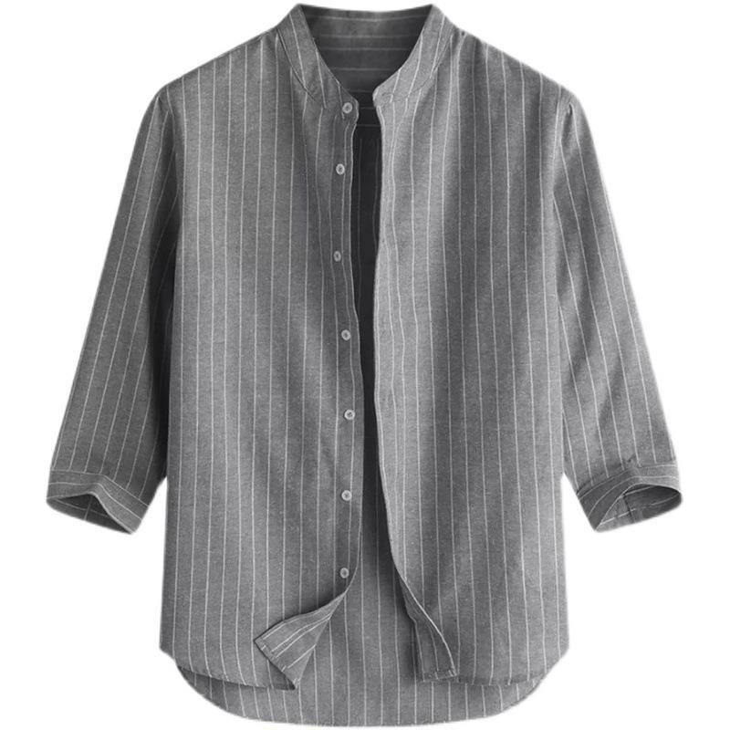 2023 new Japanese striped youth thin stand collar linen 3/4 sleeve men's shirt fresh Artistic style