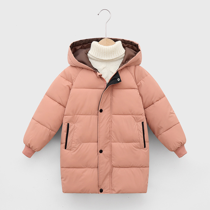 2021 Autumn and Winter New Children's Mid-length Thickened Down Cotton Jacket Big Boys and Girls Hooded Cotton Clothes