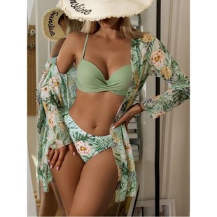 Jasni 2023 European and American three-piece swimsuit green leaf printed bikini hard bag bikini manufacturer