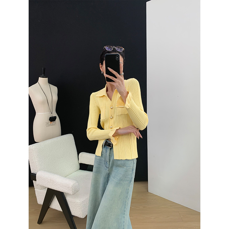 [Nouveauté le 21/03] Nouveau design Sense Split Knitted Jacket Cardigan jaune clair au printemps 2024_voghion.com