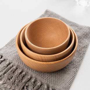 Factory direct supply Beech salad bowl whole wooden Japanese flat soup bowl large, medium and small household hotel wooden bowl