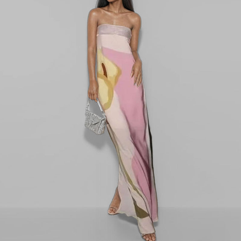 2024 Summer New Women's Fashion Sleeveless Shoulder Avant-garde Sexy Backless Printed Long Dress