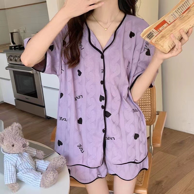 Pajamas Women's Summer Cardigan Short Sleeve 2025 New Style Women's Spring and Summer Thin Purple Love Home Clothes suit