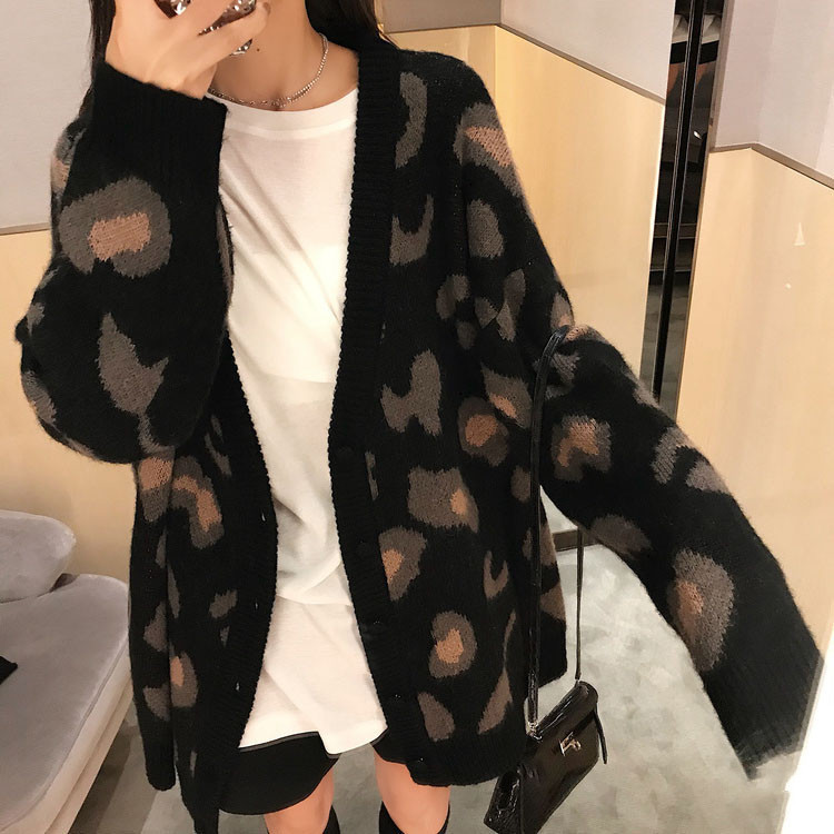 Korean Style Loose Sweater Coat Women's Autumn and Winter New Retro Fashion Elegant Leopard Print Knitted Cardigan Long Sleeve Top Trendy