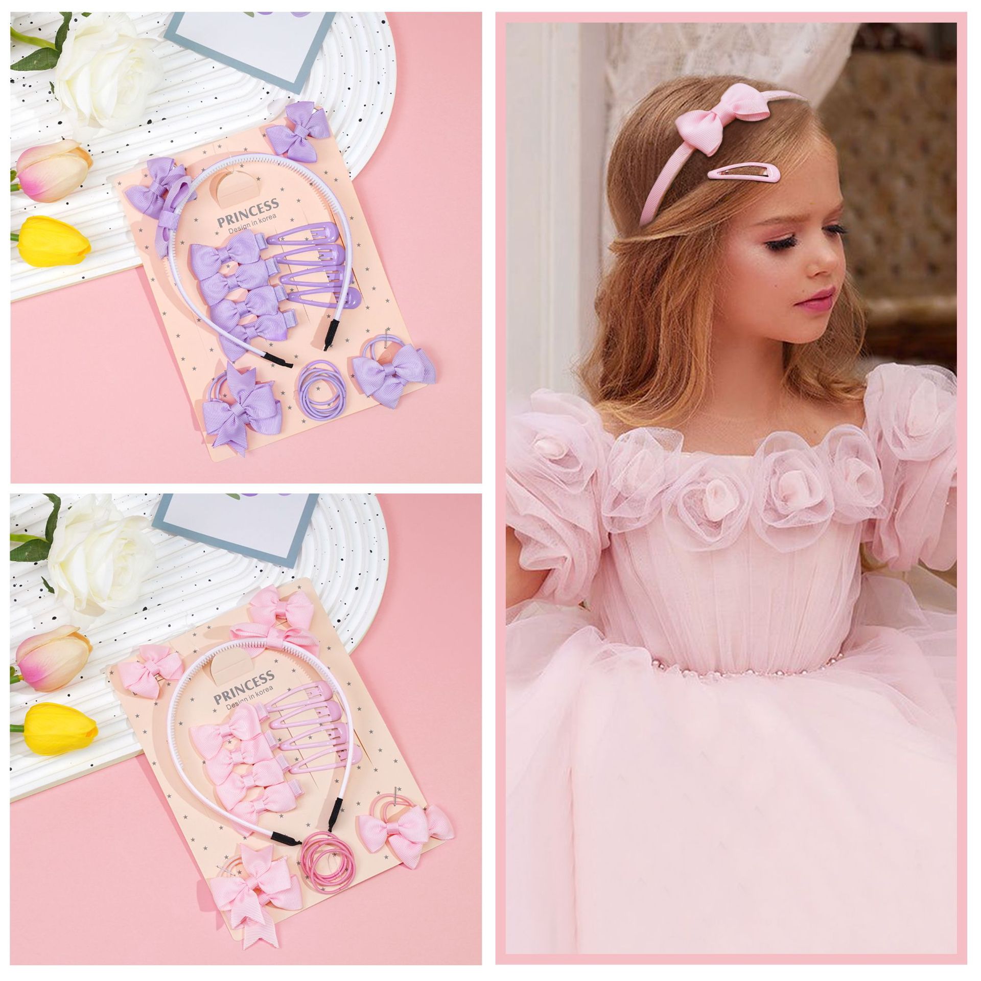 Cross-border Hot Selling Princess Hair Accessories Children Bow Hairpin Rubber Band Girls' Hairband Combination suit Birthday Gift_voghion.com