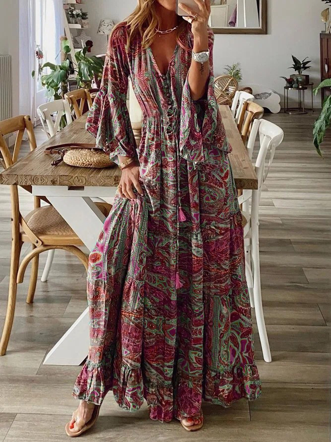 European and American Cross-border Bohemian Flare Sleeve Printed V-neck High Waist dress Floral Long Dress