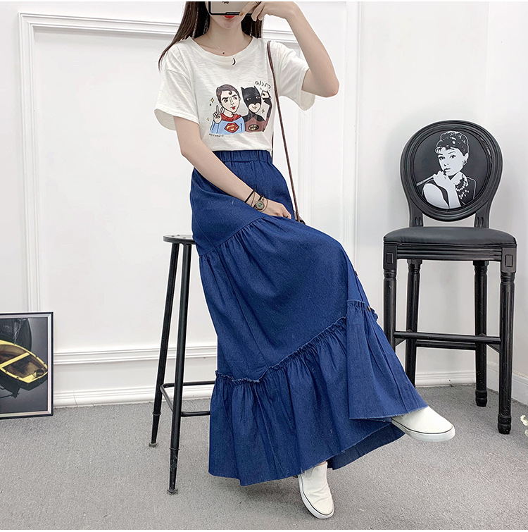 2022 spring and summer new Denim high waist all-match long skirt retro simple A- line elastic waist loose skirt