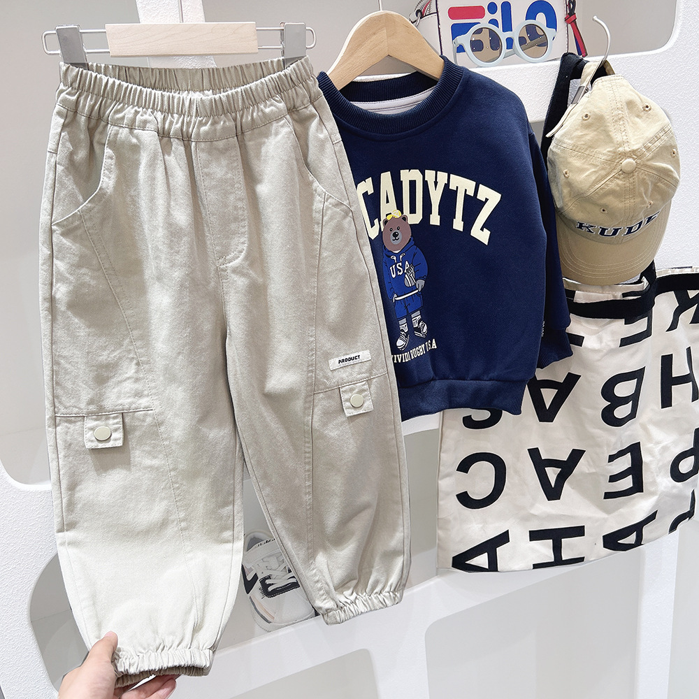 Boys Children's Wear 2024 Autumn Children's Wear Boys and Children's New Cotton Medium and Large Children's Work Trousers Western Style Korean Style