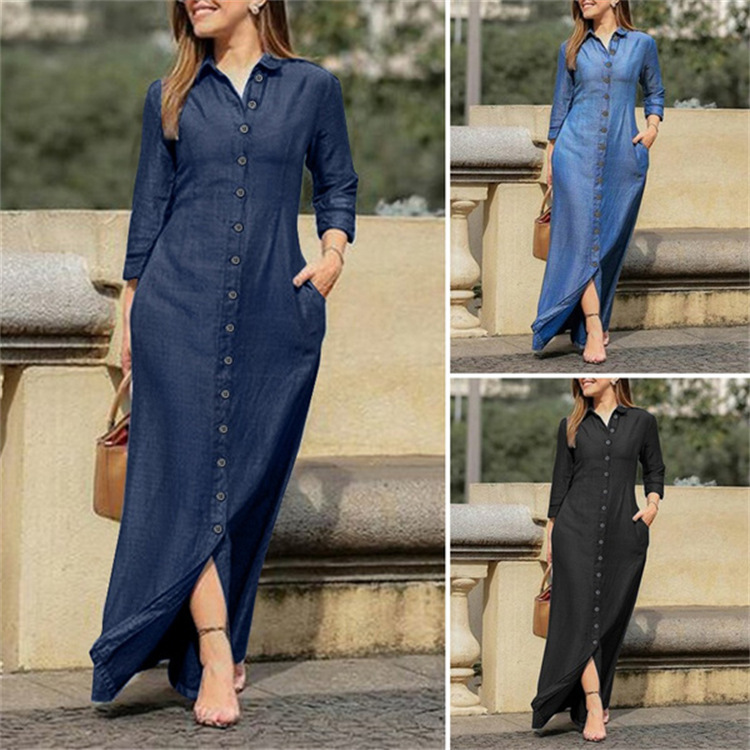 2022 European and American Autumn Women's Elegant Elegant Fashion Neutral Style Long Sleeve Lapel Cardigan Solid Color Long Denim Skirt