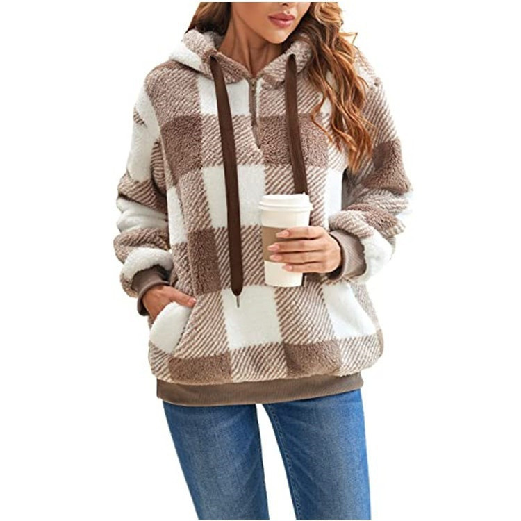 Cross-border Women's Clothing Amazon Explosions European and American Autumn and Winter Hooded Plaid Warm Jacket Long Plush Cardigan Jacket