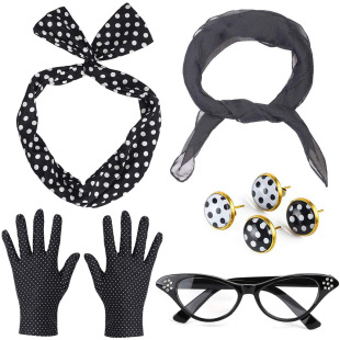 Halloween 1950 s dress up wave point hairband earrings spandex gloves cat's eye glasses gauze set Wholesale