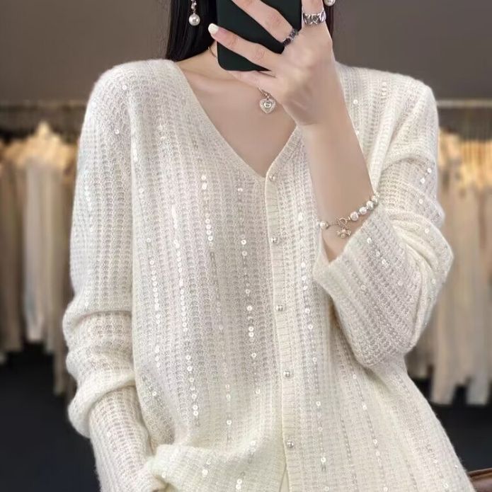 Early autumn heavy-duty sequined cardigan women's V-neck loose high-grade pearl buckle sweater versatile knitted long-sleeved coat
