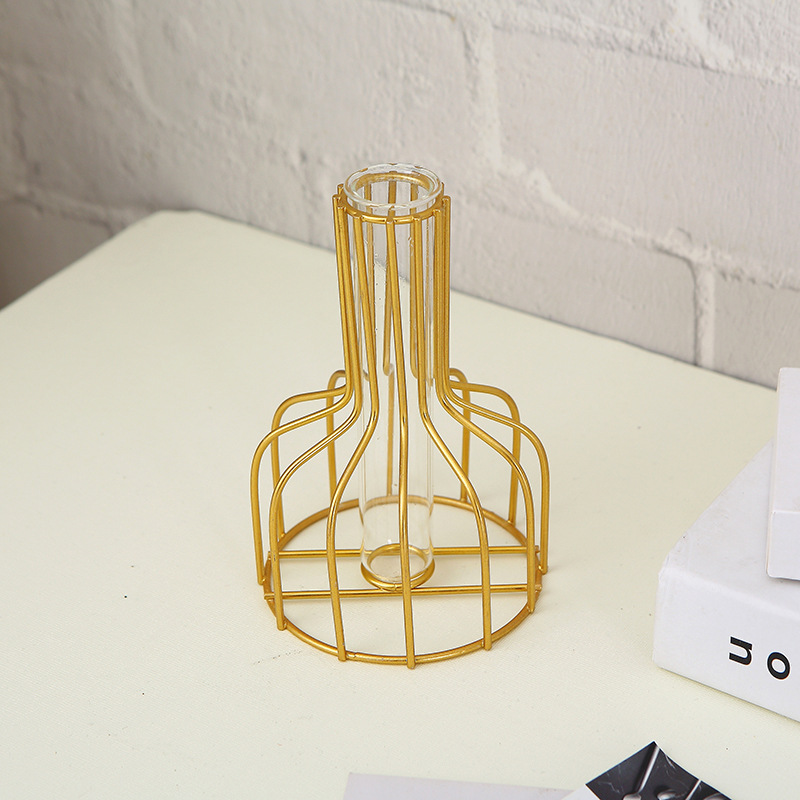 Wholesale Nordic Iron Gold Small Diameter Vase Ornaments Living Room Desktop Decorations Hydroponic Glass Tube Utensils