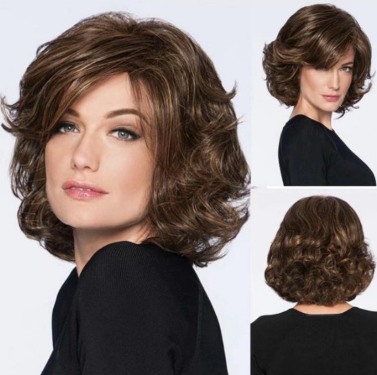 European and American wig women's oblique bangs short curly hair fluffy brown short hair fashion Chemical Fiber Brown short curly hair wigs spot