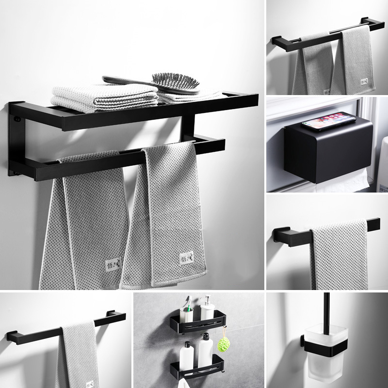 Black Bathroom Storage Towel Rack Toilet Punch-free Toilet Hanger Bathroom Hardware Pendant Set Space Aluminum