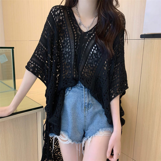Summer Women's Cross-border Pure Desire Hollow-out Lace-up V-neck Knitted Top Lazy Western Style Mid-length Bat Sleeve Blouse