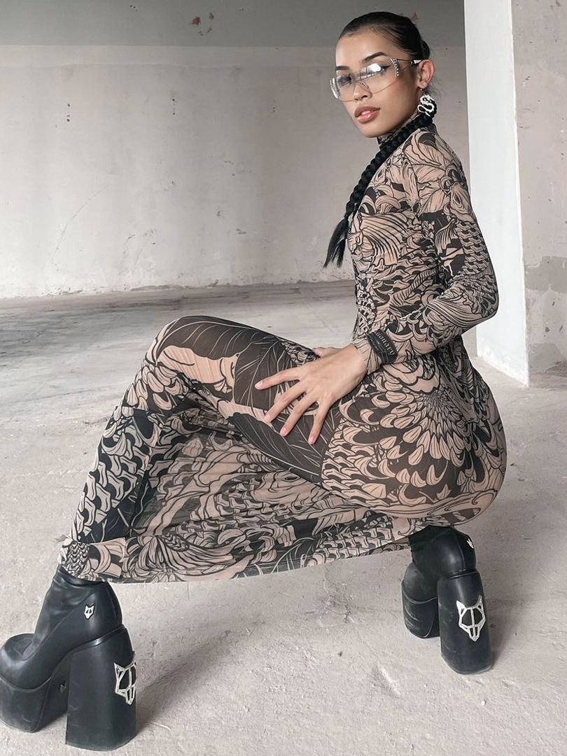 European and American cross-border women's clothing 2023 Winter new fashion mesh printed perspective turtleneck slim fit slimming dress women