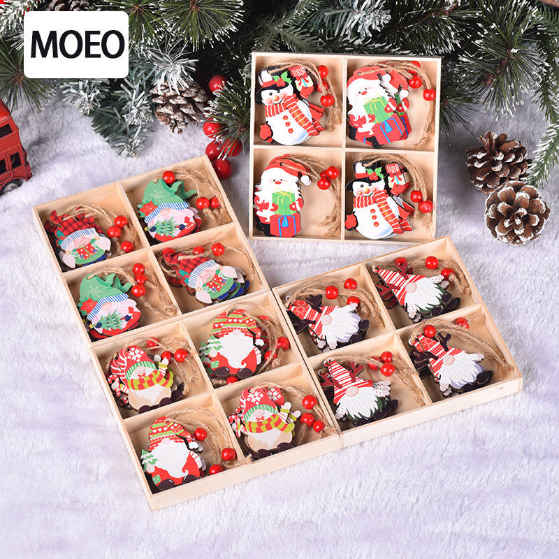 12 Pack Christmas Wooden Box with No-Face Elder Wood Ornament, Christmas Tree Decoration Hook