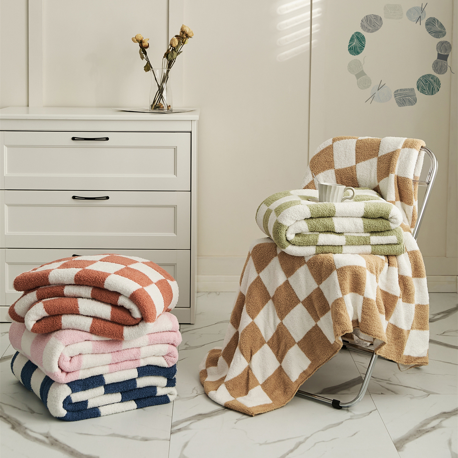 Ruijing Textile Factory Wholesale Hot Retro Checkered Throw Blanket Half Fleece Knitted Rug Sofa Throw