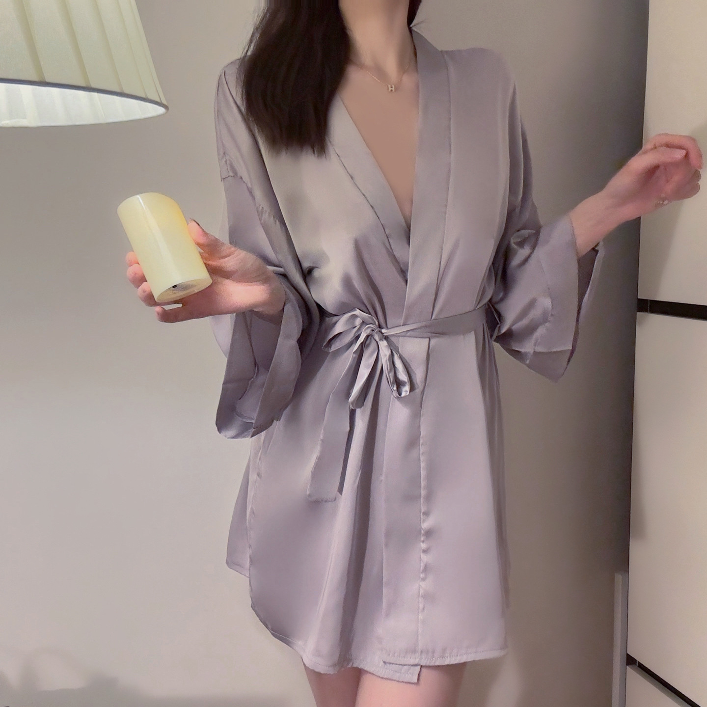 Night Fun Dessous Sexy Satin Dünne Strickjacke Schnürnachthemd Übergröße Bademantel Hauskleidung Pyjama Damenanzug_voghion.com