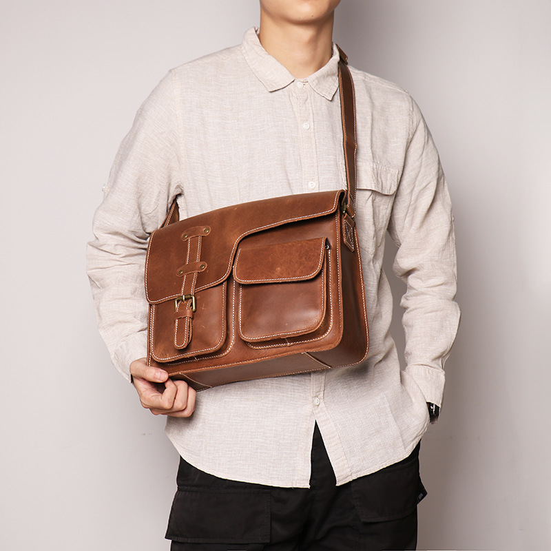 Factory New Men's Genuine Leather Horizontal Shoulder Bag Crazy Horse Leather Women's Crossbody Bag Top Layer Cowhide Large Capacity Messenger Bag