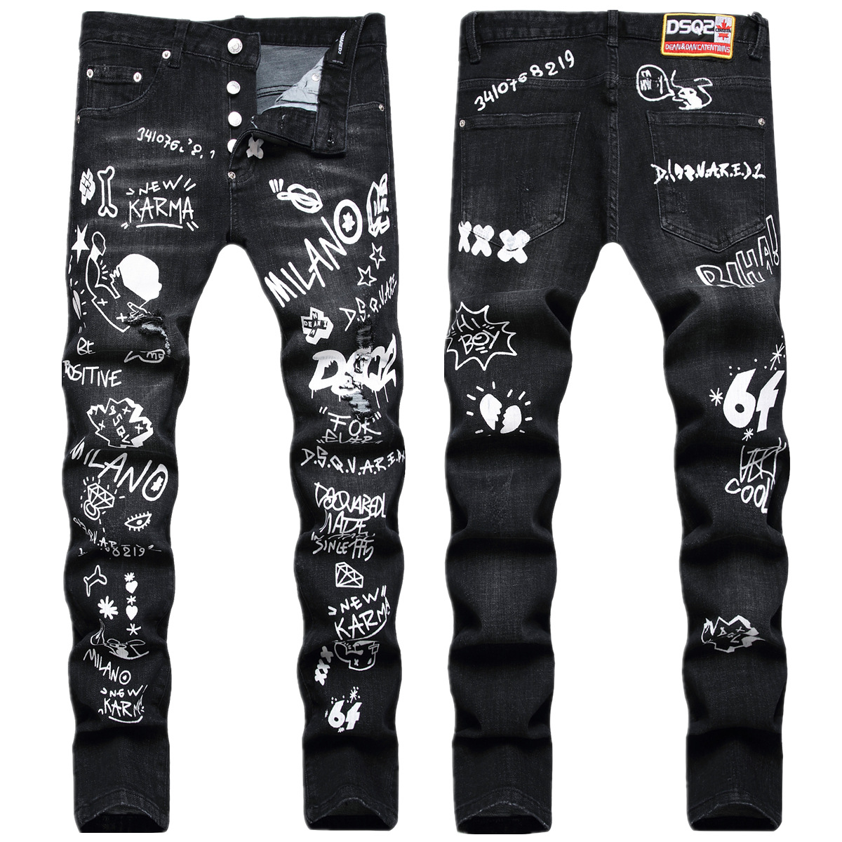 European, American and Italian Fashion Brand Black Stretch Ripped Digital Printing Button Placket Slim-fit Small Straight Jeans for Men