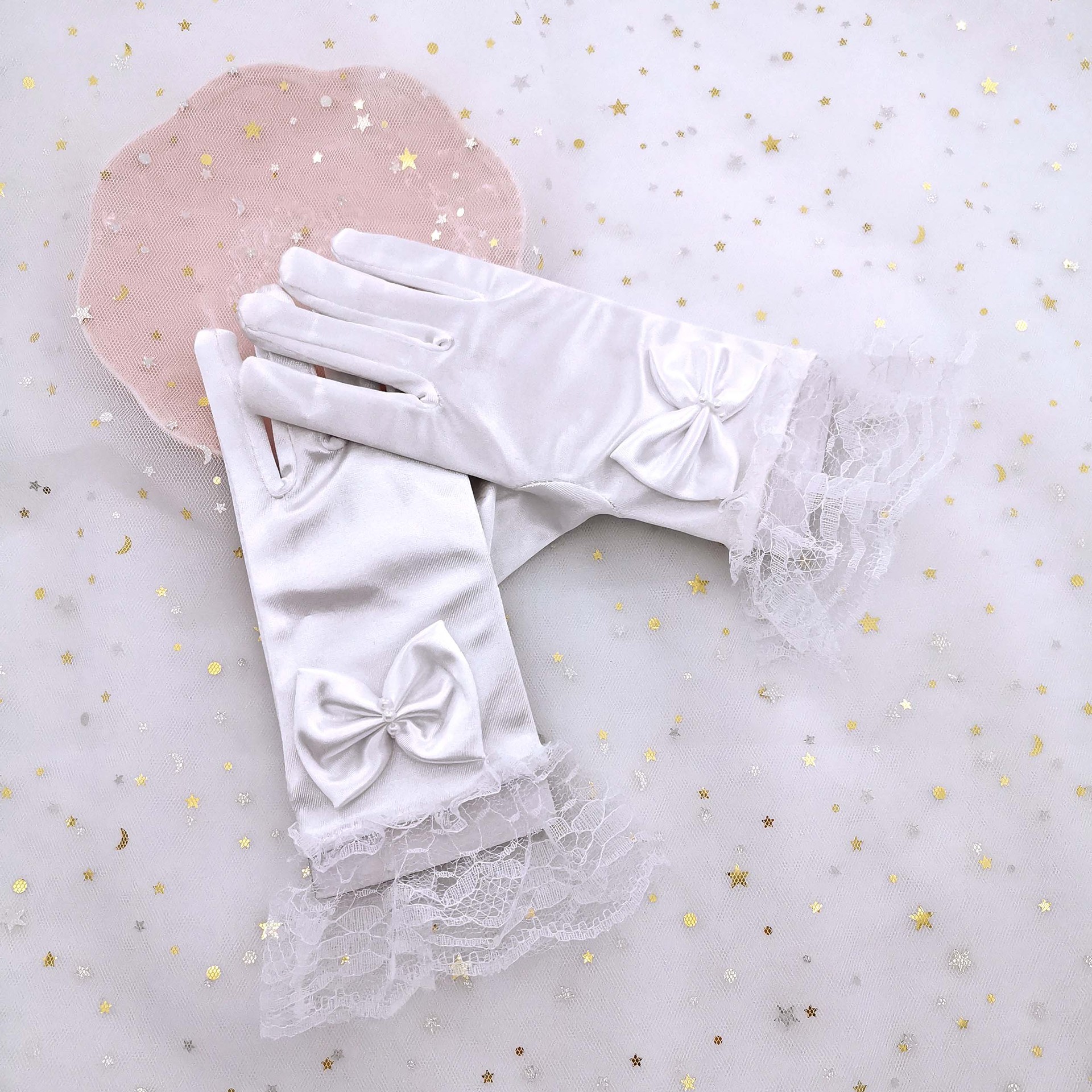 Girls' Gloves Lace Bow Satin Stretch Children's Flower Girl Dress Performance Dance Etiquette Foreign Trade Cross-Border