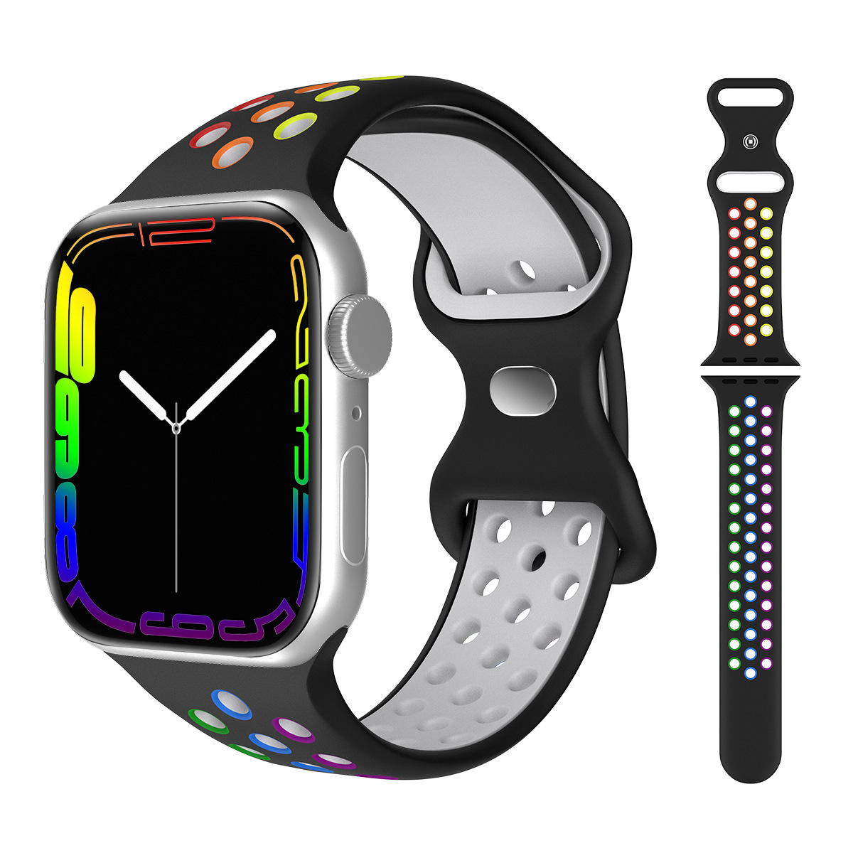 Suitable for Apple Watch Silicone Two-color Strap with Eight Buckle Breathable Sports Strap Spot Wholesale
