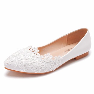 Foreign Trade Large Size Flat Lace Wedding Shoes White Pointed Casual Flat Heels White Lace Casual Women's Shoes Low Heel