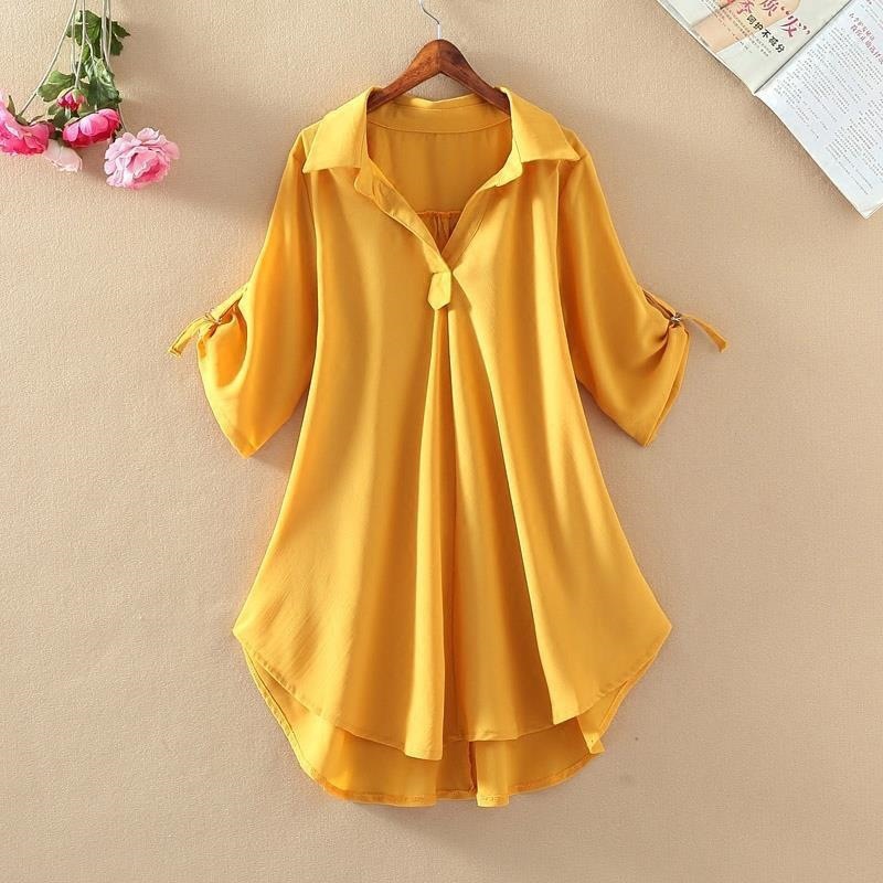 Mid-length short-sleeved chiffon shirt for women 2023 Summer New plus size loose waist slimming chiffon top for women fashion