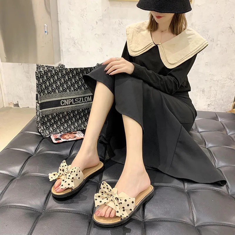 2024 Summer new bow slippers outer wear Korean flower beach shoes sandals women's net red ins flat shoes