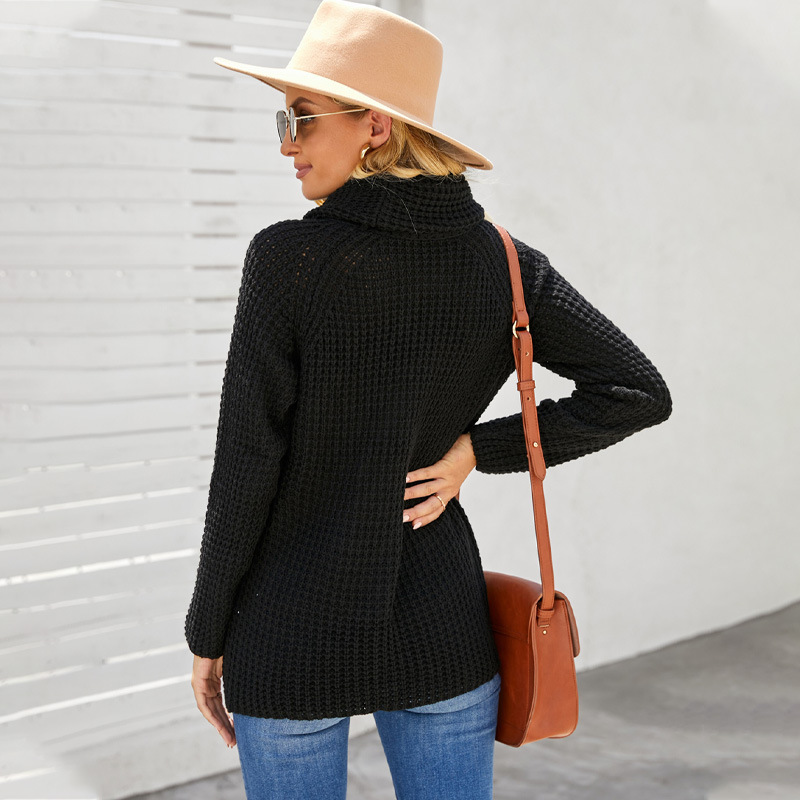 Shiying European and American high collar pineapple flower sweater women's 2023 autumn and winter New long sleeve hem asymmetric sweater pullover