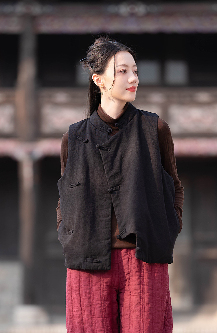 23 cotton and linen women's clothing New National style vintage buckle cotton vest top women's sand wash linen quilted warm vest_voghion.com