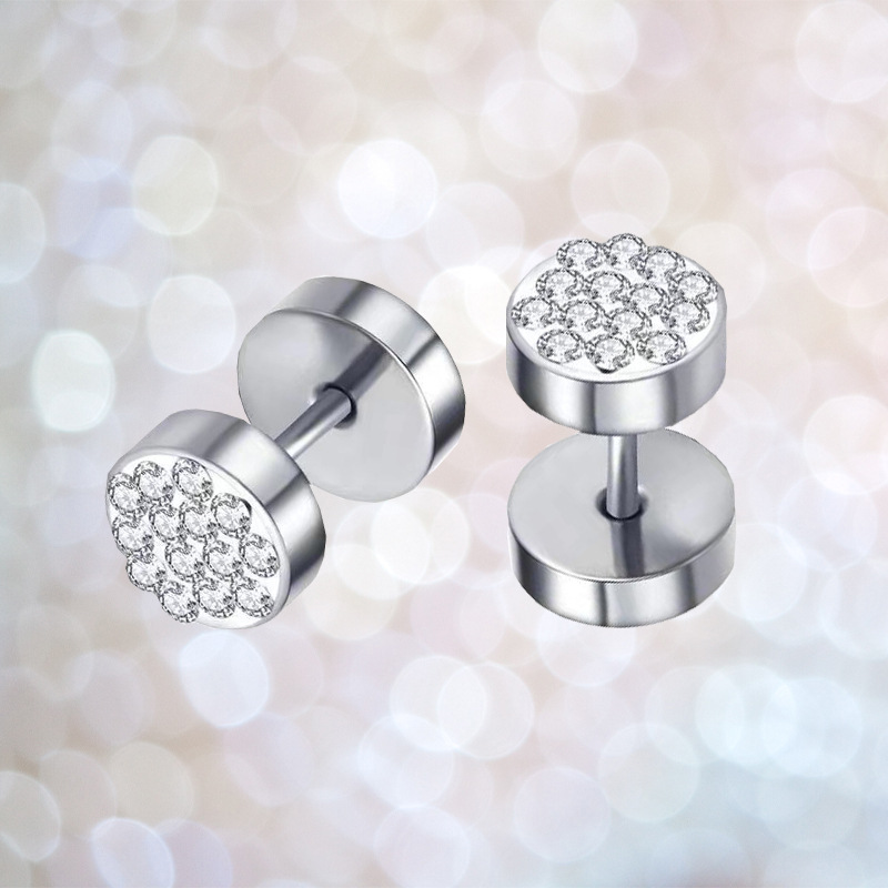 Wholesale stainless steel gypsophila rhinestone trendy men's personality dumbbell earrings mud rhinestone round cake fashion earrings earrings