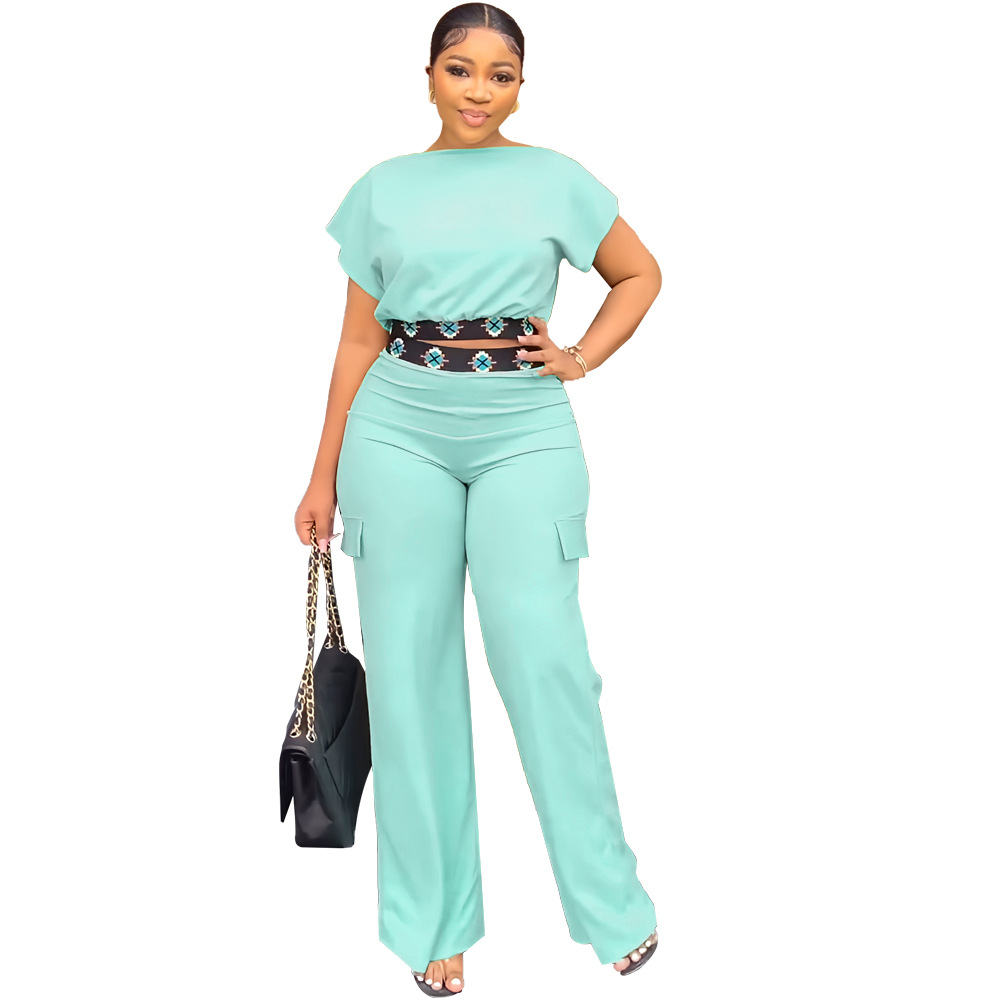 10014 Cross-border Casual European and American Women's Short-sleeved Top Summer Solid Color All-match Loose Straight Pants Two-piece Set
