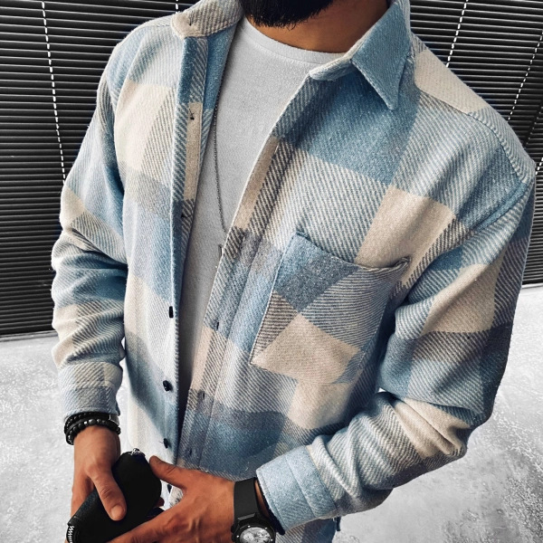 Cross-border European and American New 2021 Spring and Autumn New Long-sleeved Blue and White Long-sleeved Shirt Casual Collar Pocket Shirt for Men