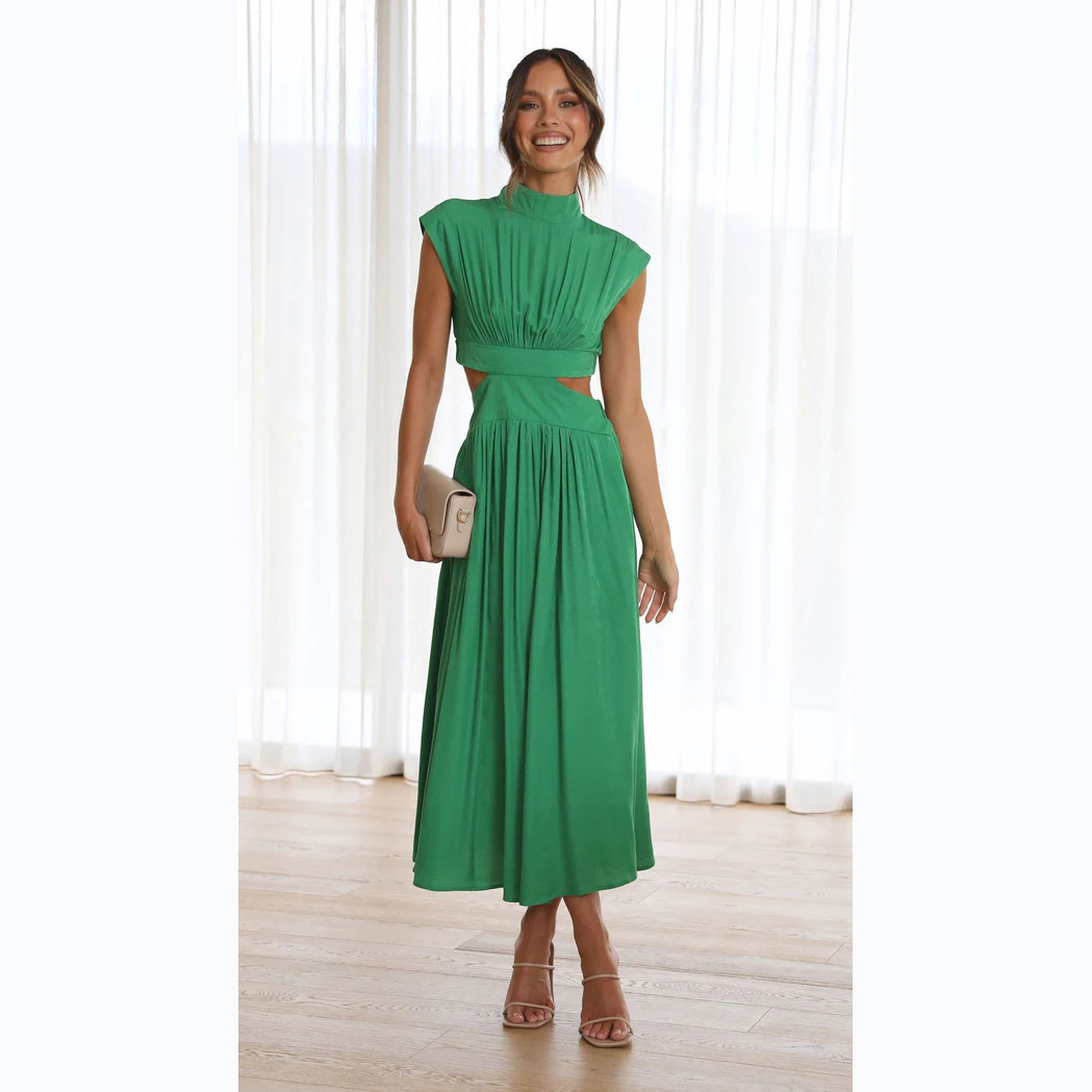 23 years of European and American foreign trade sweet fashion Street summer collar Macaron color waist long dress 23003