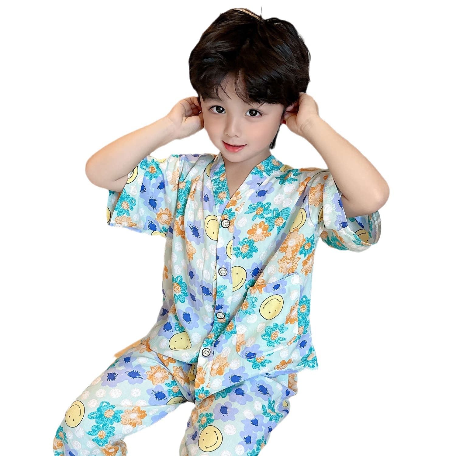 2024 new children's pajamas summer thin cotton silk broken card cotton children's air conditioning clothing boys and girls home clothes suit