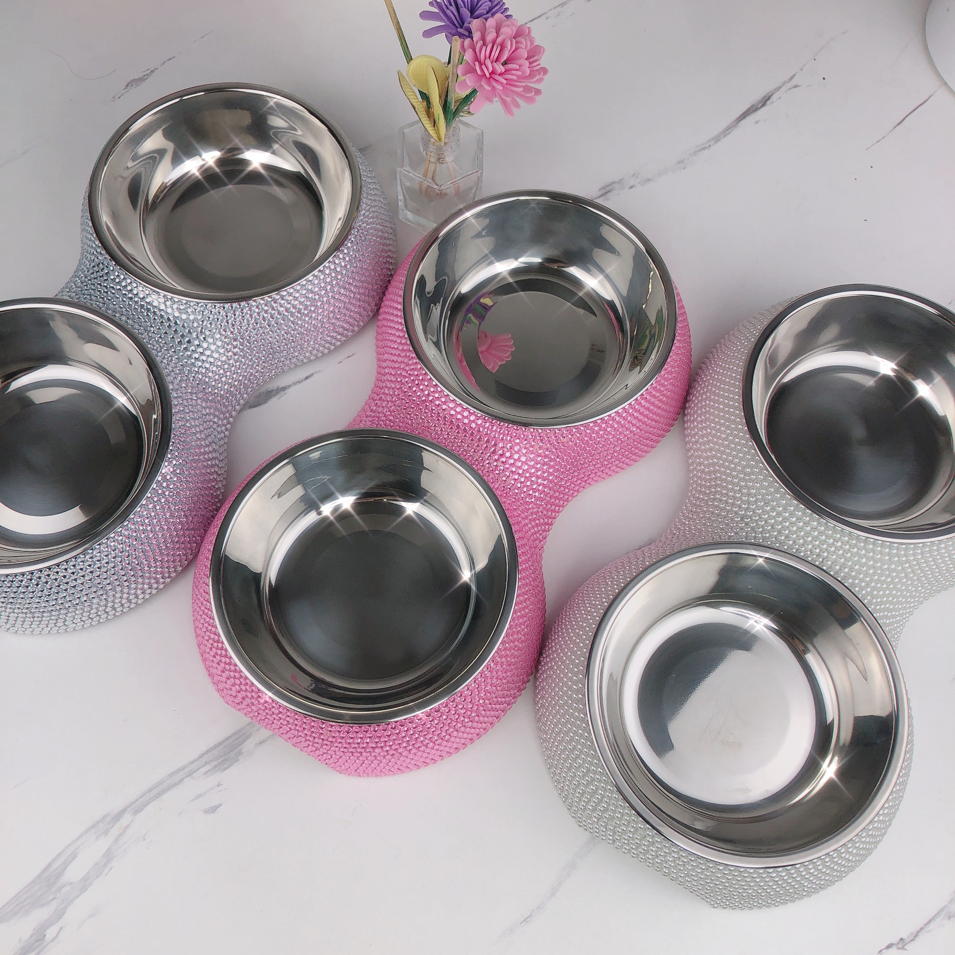 Cross-border Diamond Pet Bowl stainless steel removable double-layer pet food bowl Diamond Pet Bowl cat bowl dog bowl wholesale