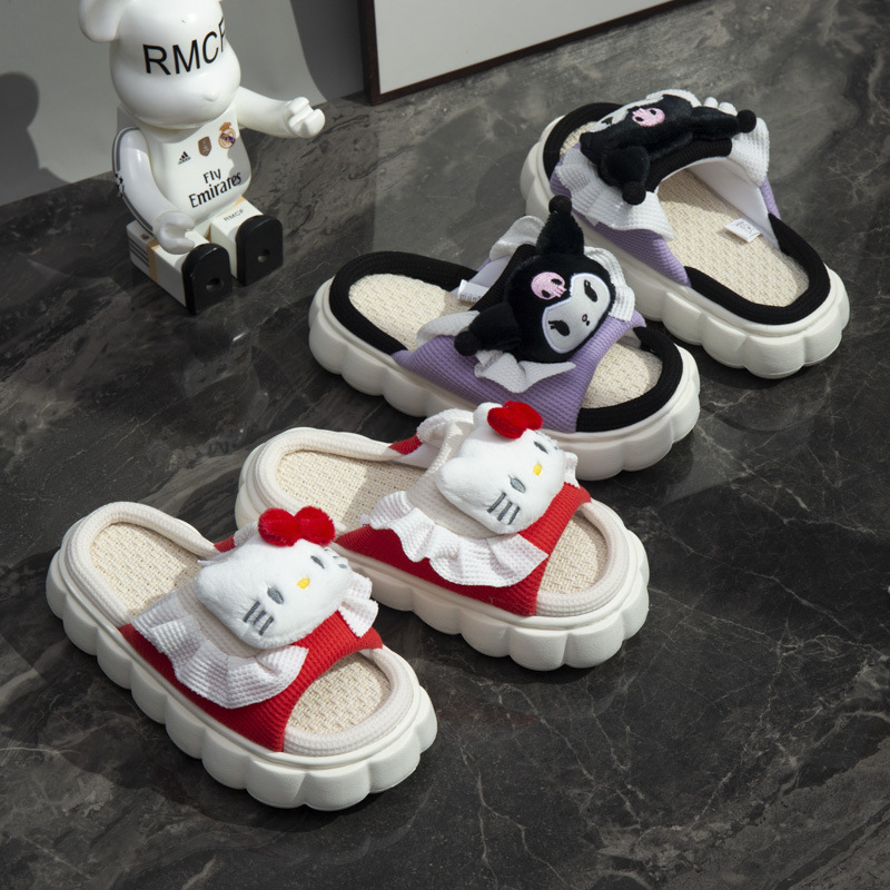 Sanrio Linen Slippers Female Yugui Dog Four Seasons Floor Breathable Thickened Bottom Home Indoor Summer Home Cartoon