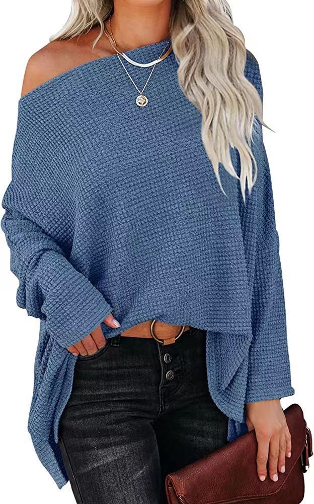 Women's knitted top waffle slanted shoulder 2023 new autumn Amazon Europe and America cross-border women's regular top