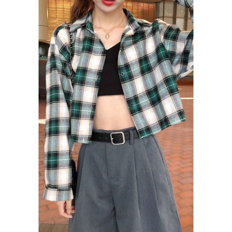 2023 Early Spring Shirt Coat New Women's Design Sense Niche Short Cardigan Hong Kong Style Vintage Plaid Long Sleeve Top