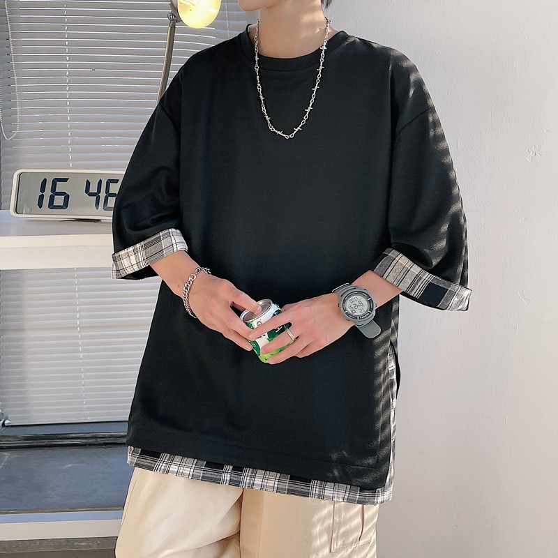 Plaid Stitching Fake Two-Piece T-Shirt Men's Design Sense Half-Sleeve oversize Loose Short-Sleeved ins Fashion Brand Seven-Section Sleeve