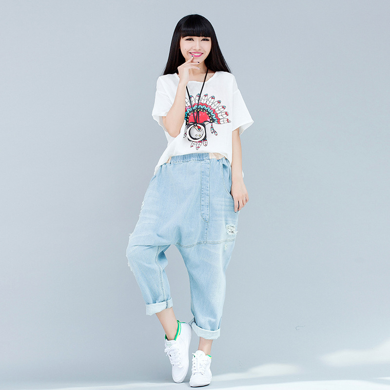 2024 denim casual baggy pants big crotch pants loose personality ripped irregular slimming Korean style wandering notes