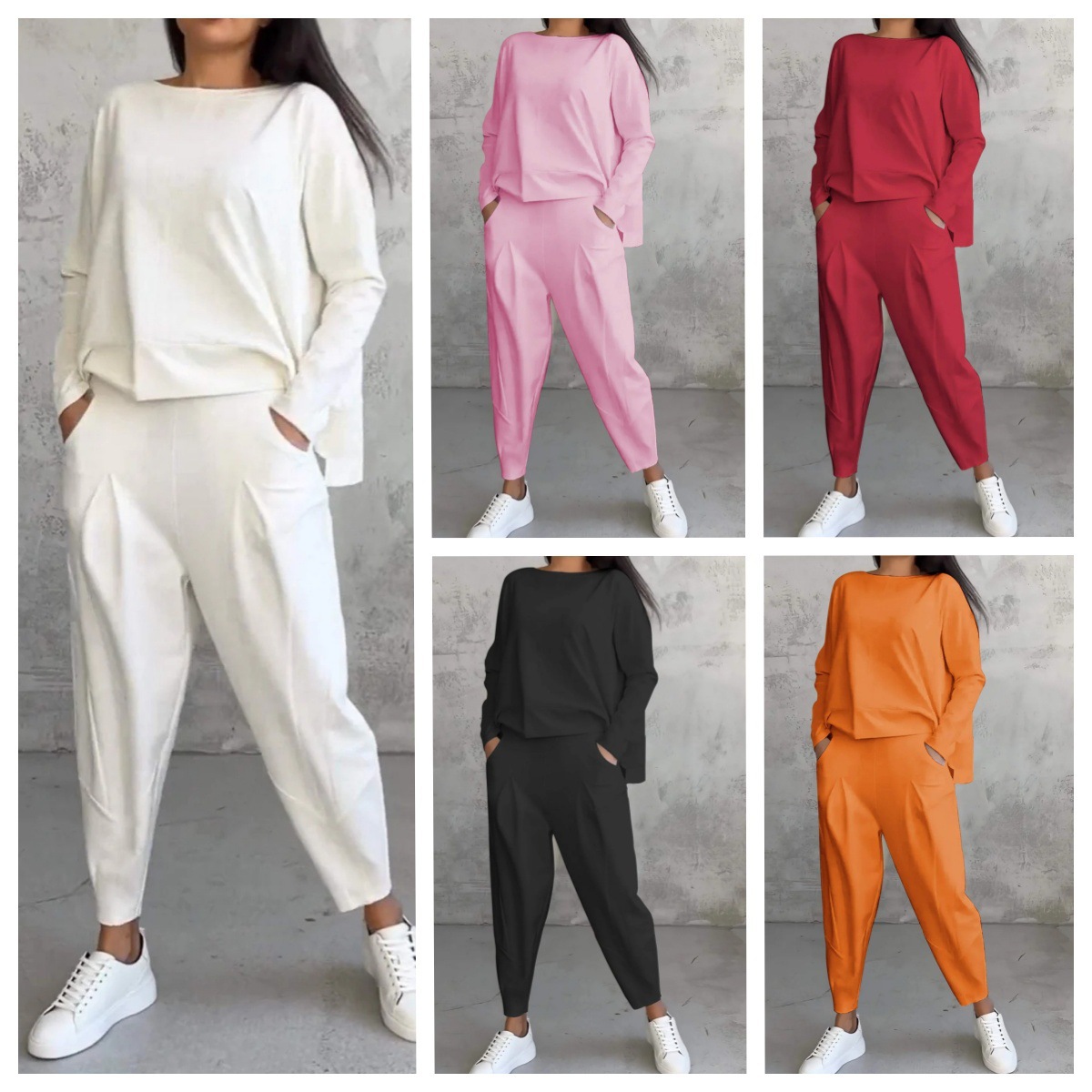 2024 new European and American cross-border foreign trade women's solid color round neck long sleeve suit women's pocket pants pants women
