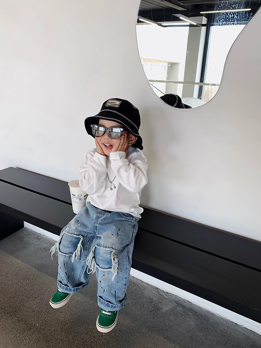 Children's Pu Shuai loose wide-leg spring and autumn jeans boys' Korean retro casual pants children's autumn pants fashion