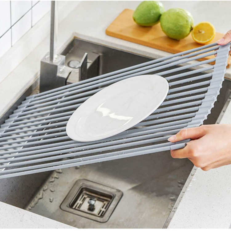 Silicone Drying Rack Kitchen Household Dish Rack Stainless Steel Folding Storage Rack Roller Shutter Sink Wall Hanging Dish Rack