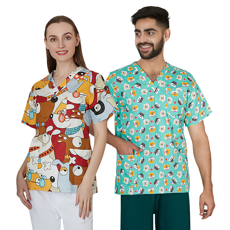 Cross-border Amazon Explosions Cartoon Printed Nursewear Women's V-Neck Short-sleeved T-shirt Top Surgical Clothes Work Clothes Men