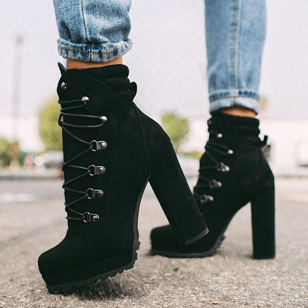 Cross-border Foreign Trade Large Size 2021 Autumn and Winter AliExpress High-heeled Lace-up Rivet Ankle Boots European and American Suede Martin Boots