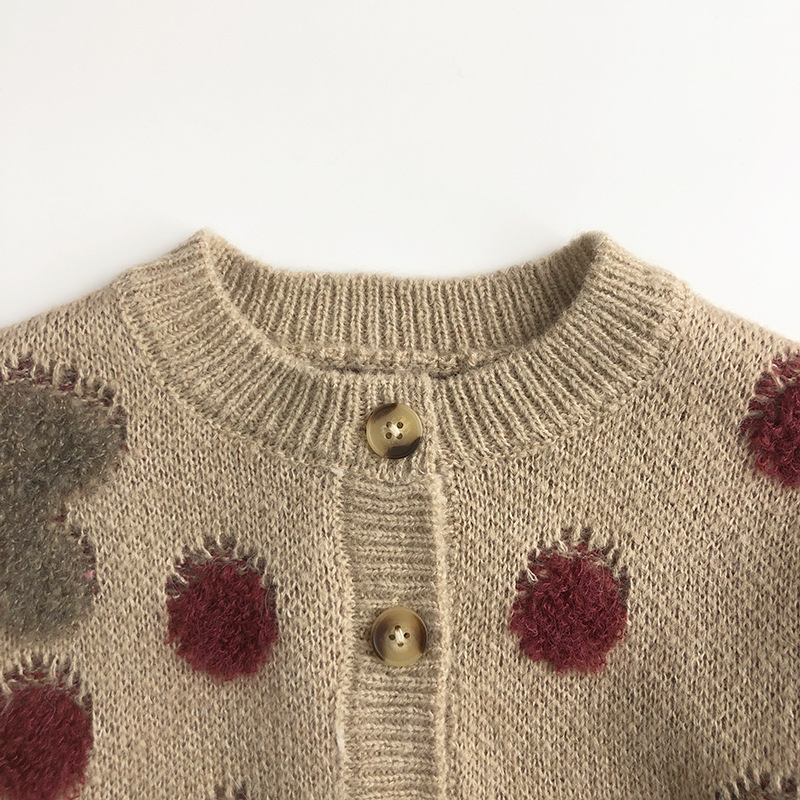 ins versatile ~ Korean style spring and autumn children's sweater Western style men's and women's baby polka dot strawberry Jacquard knitted cardigan coat Mori